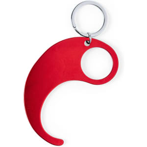 A red keyring in a unique shape, featuring a metal keyring attachment.