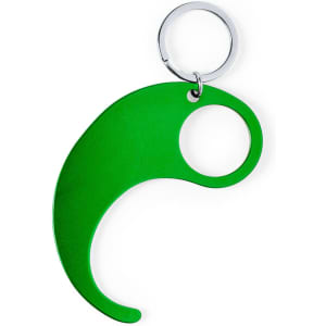 A green keyring with a curved design and a circular attachment point, featuring a silver keyring loop.