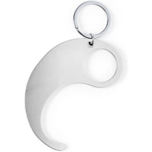 A silver keyring shaped like a hook with a large ring for attachment. It has a simplistic and sleek design.