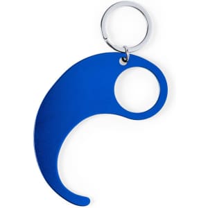 A blue metal keyring with a distinctive curved design, featuring a circular attachment for keys.