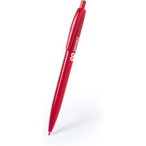A red antibacterial plastic pen with a logo, designed for writing purposes.