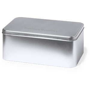 A silver metal gift box with a smooth finish, featuring a lid.
