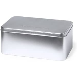 A silver metal gift box with a smooth finish, featuring a minimalistic lid and branding on the top.