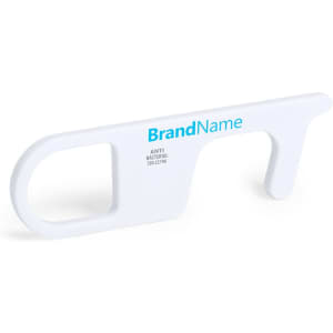 A white antibacterial keyring tool with a branding logo, designed for contactless handling.