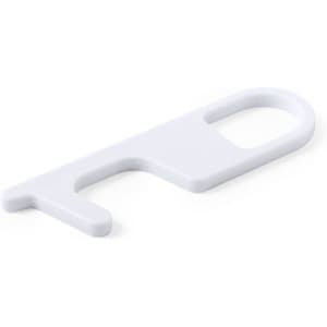 A white antibacterial keyring tool designed for contactless operation. It features a loop for easy attachment.