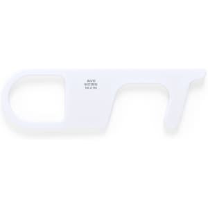 A white antibacterial keyring designed to minimise contact with surfaces, featuring a logo.