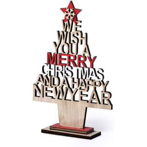 A wooden Christmas tree decoration in natural wood and red, featuring festive messages and a star on top.