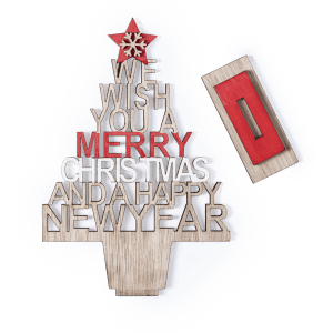 A wooden Christmas tree decoration featuring "Merry Christmas" in red and a snowflake on top, with a separate red block.