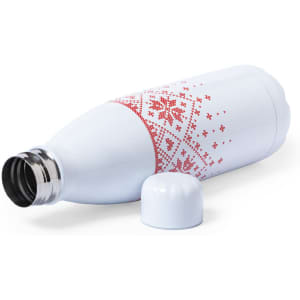 A drink bottle in white with a red patterned design and a silver rim. It features a screw-on cap and a logo.