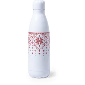 A drink bottle in white with a red patterned design, featuring a prominent logo.