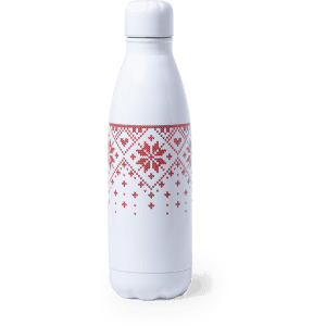 A drink bottle in white with a decorative red pattern, featuring a logo on the side.