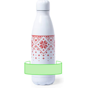 A white drink bottle with a red patterned design and a cap. It features a logo on the side.
