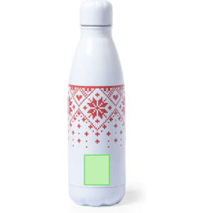 A drink bottle in white with a red geometric pattern, featuring a logo on the surface.