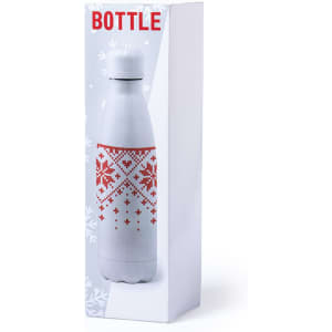 A drink bottle in white, featuring a festive red and white pattern, presented in a white box with a logo.