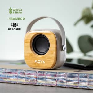 A small, square speaker with a bamboo front and a grey body, featuring a handle and a logo.