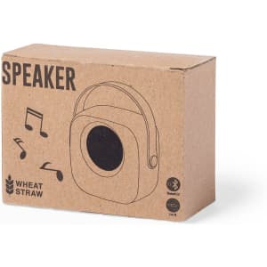 A compact beige speaker box with a carry handle and a logo, featuring music notes illustrations.
