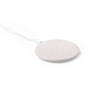 A round, grey wireless charger with a white cord, featuring a smooth, textured surface and a small branding logo.