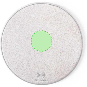 A wireless charger with a round, speckled white surface and a green charging indicator in the centre.