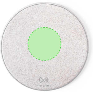 A wireless charger in a circular design with a speckled white surface and a green charging area in the centre.