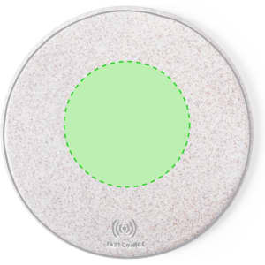 A wireless charger in a round shape, featuring a speckled white exterior and a green charging area in the centre.