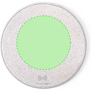 A round wireless charger with a speckled white exterior and a green centre. It features a logo on the base.