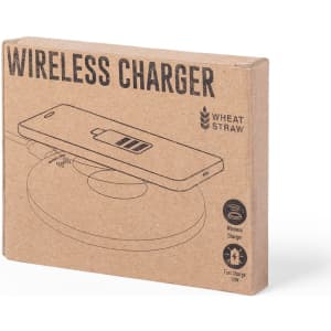 A wireless charger in a brown cardboard box with an illustration of a phone charging. The design features a logo.