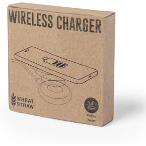 A brown cardboard box containing a wireless charger, featuring a simple line drawing of the product and a logo.
