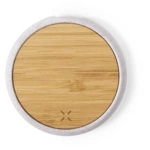 A round wireless charger with a bamboo top and a grey base. It features a subtle logo.
