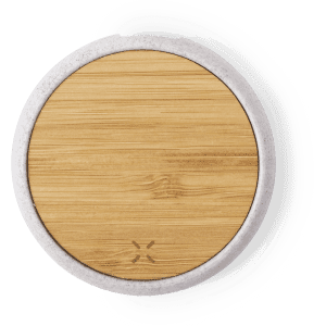 A round wireless charger with a wooden top and a light grey border, featuring a logo on the base.