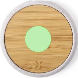 A circular wireless charger featuring a bamboo top and a light green centre, surrounded by a white base.