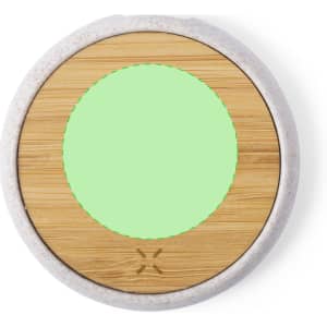 A circular wireless charger with a bamboo surface and a light green centre, featuring a subtle logo design.