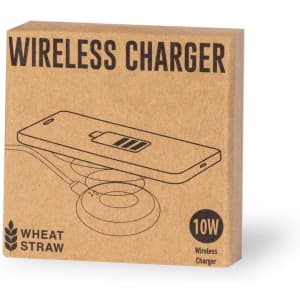 A wireless charger in eco-friendly packaging, featuring a minimalist design illustration and a logo.