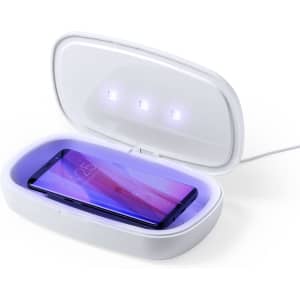 A white UV sterilizer box with an open lid, showing a smartphone inside and LED lights illuminating the interior.