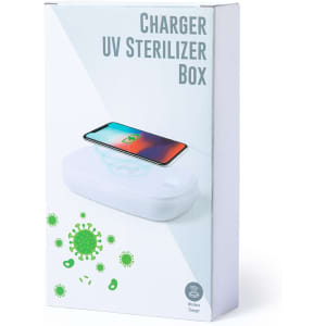 A white UV sterilizer box for phones, featuring a wireless charging function and a logo on the packaging.