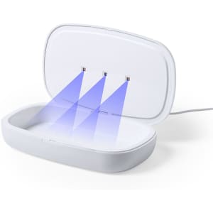 A white UV sterilizer box with an open lid, featuring three UV light beams inside.