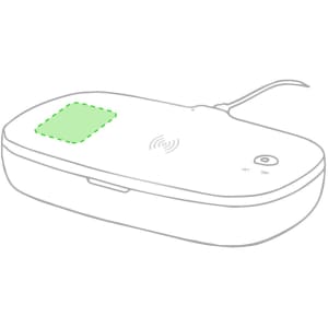 A white UV sterilizer box with a wireless charging pad, featuring a power cord and a button.