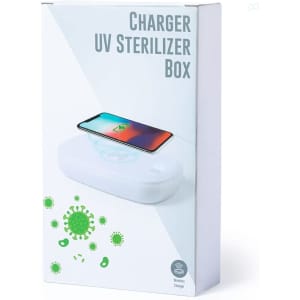 A white charger UV sterilizer box with wireless charging capabilities and a smartphone on top, featuring a logo.