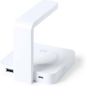 A white wireless charger with a curved arm and a flat base, featuring USB and USB-C ports.