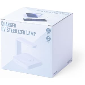 A white box featuring a UV sterilizer lamp and wireless charger, with a sleek design and a branding logo.