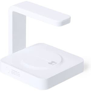 A white UV sterilizer lamp with a wireless charging base, featuring a modern design and an integrated logo.
