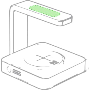 A wireless charger with a sleek white design and a green sterilization area at the top. Features a minimalistic shape.