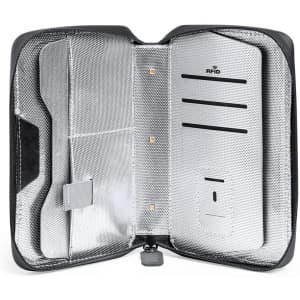 A black RFID wallet organiser with multiple card slots and a metallic interior, featuring zippers and compartments.