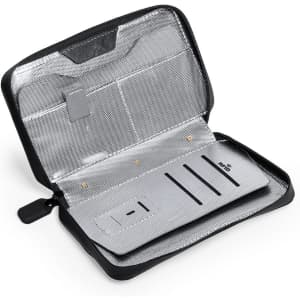 A black RFID protective organiser with a zippered closure and multiple slots for cards and storage. It has a logo.