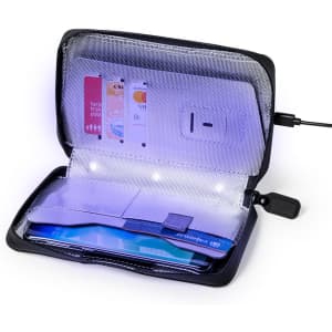 A black UV sterilizer organiser with a zipper, featuring compartments for cards and a phone, illuminated by internal lights.