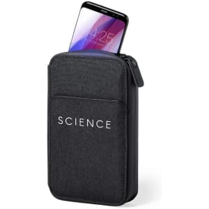 A black organiser with a zip closure, featuring a front pocket and a smartphone partially inserted.