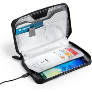 A black organiser with compartments for cards and a smartphone, featuring a zip closure and a charging cable.