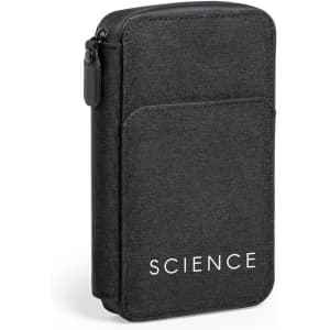 A black fabric phone pouch with a zip closure and a front pocket, featuring the word "SCIENCE" in white.