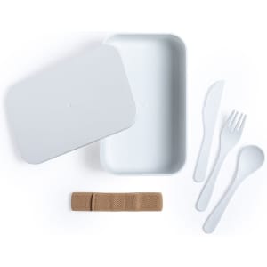 A white lunch box with a lid, accompanied by a fork, knife, spoon, and a brown elastic strap.