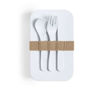 A white lunch box with a beige strap, containing a plastic spoon, fork, and knife.