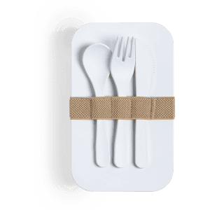 A white lunch box with a beige strap, featuring a spoon, fork, and knife secured inside.
